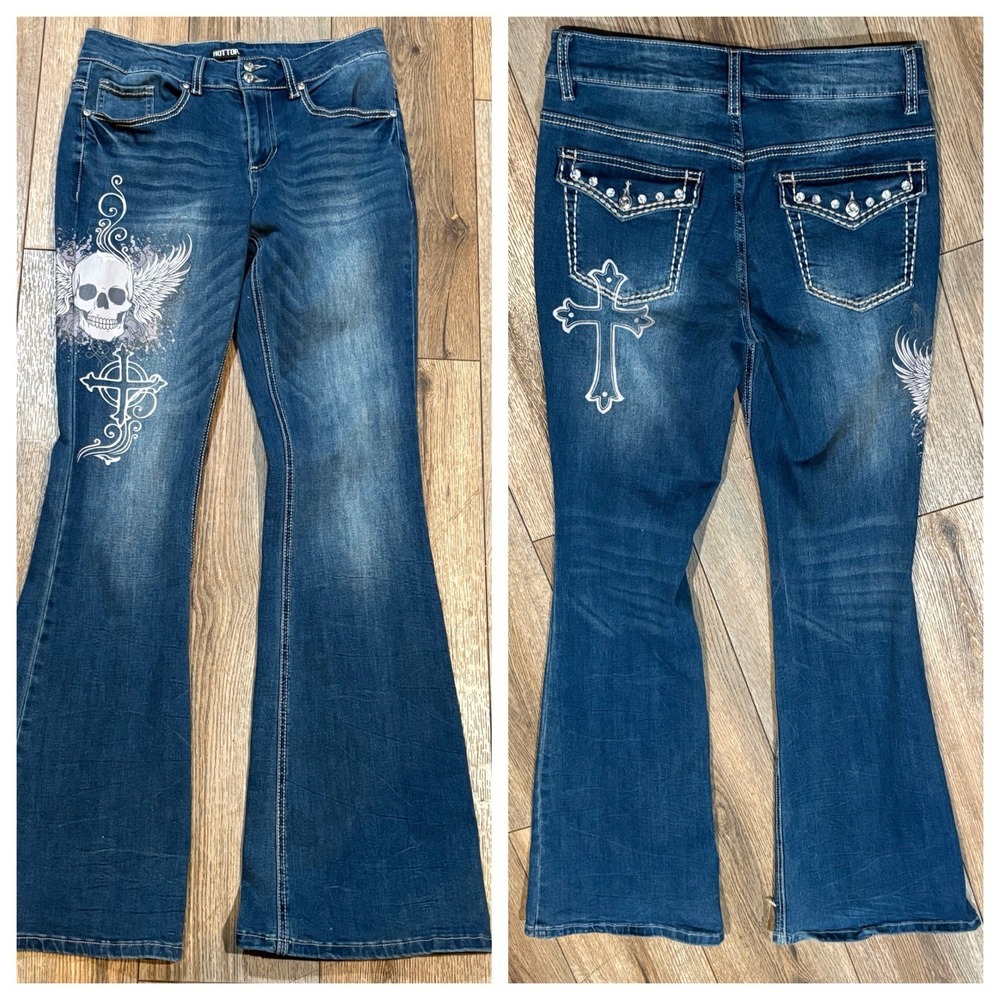 Hot Topic Jeans Bootcut Womens Size 9 Skull‎ Cross Y2K Goth Denim Stretch Bling